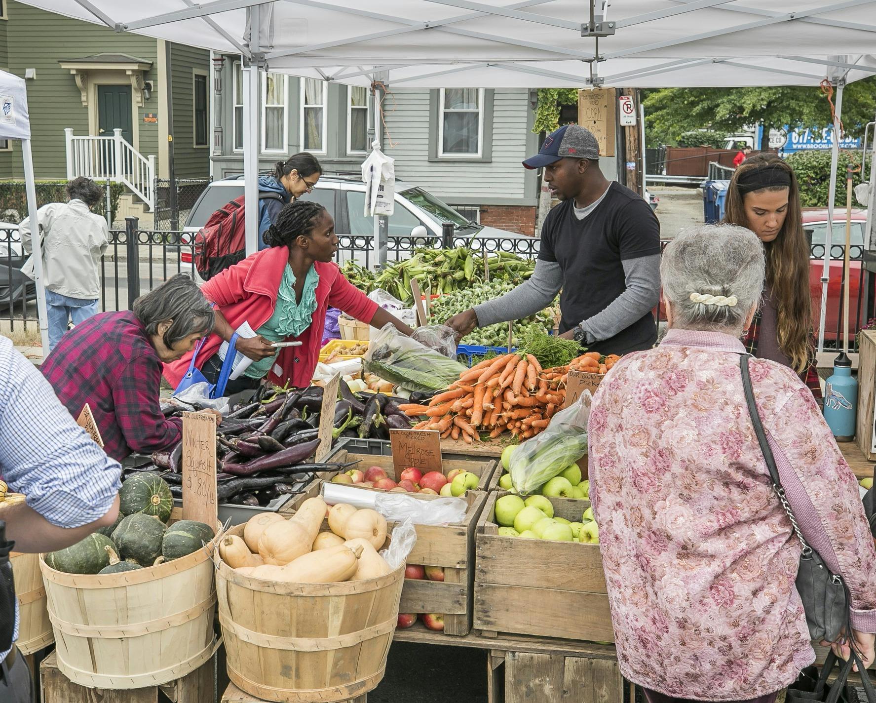 People are looking at vegetables at a farmers market